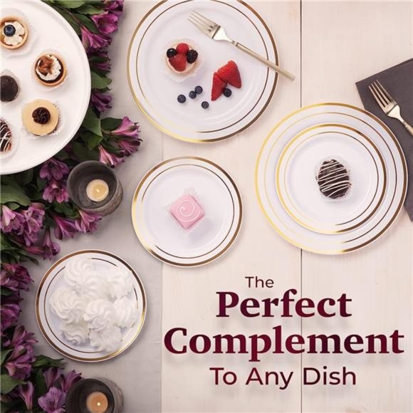 Cutlery Kingdom 60 Plastic Plates Disposable with White & Gold Rim - 30 Plates - Picture 7 of 7